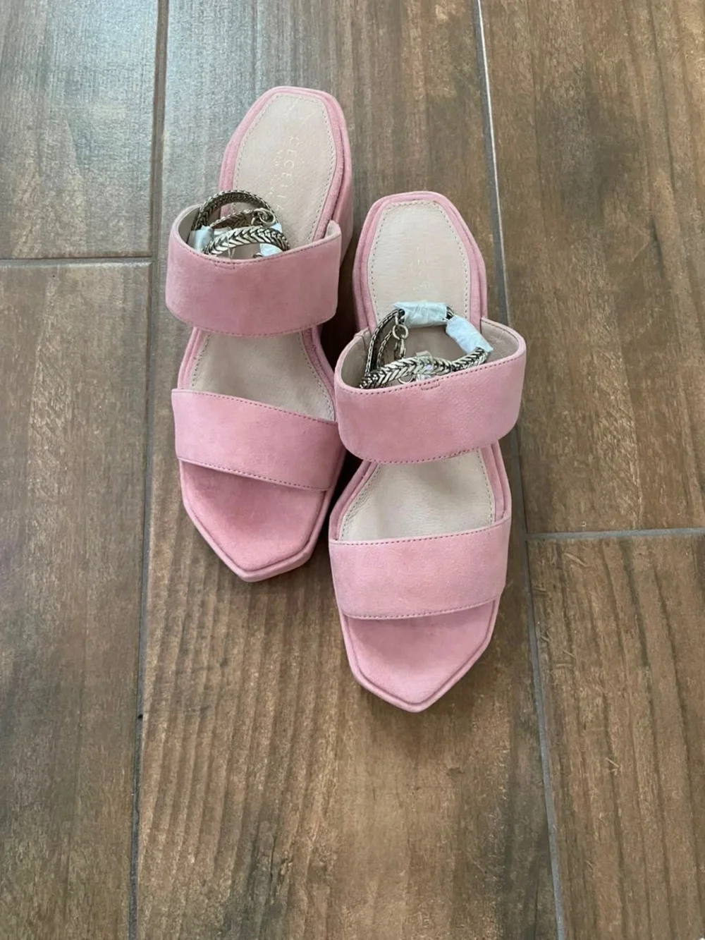 CECILIA NEW YORK Baleves Pink Suede Platform Wedge Sandals with Chain Strap